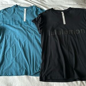 Two lululemon graphic all yours tees, size 4, blue and black